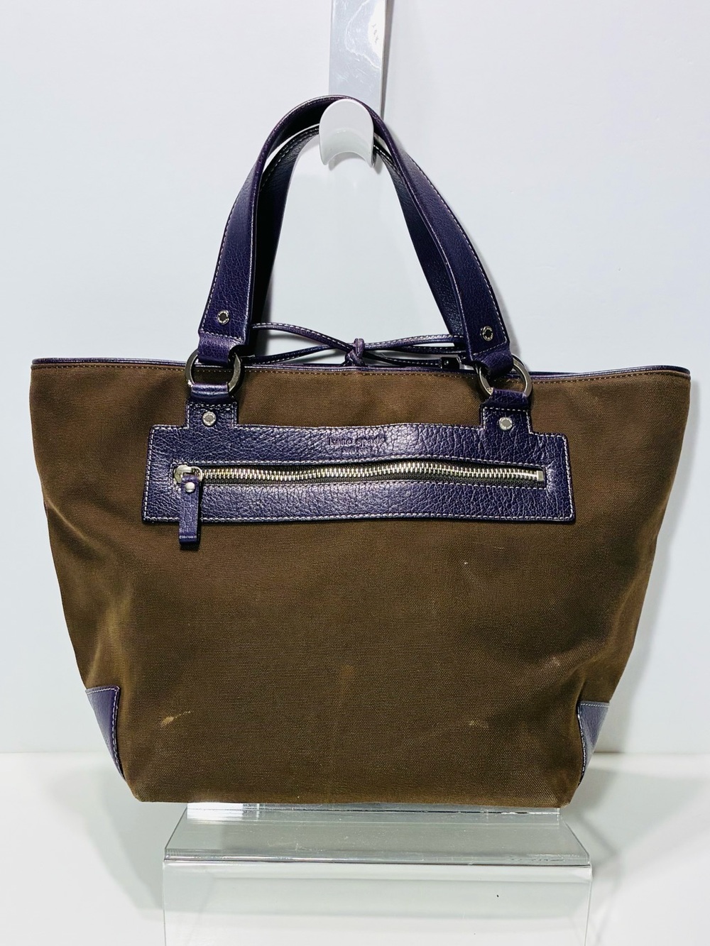 Y2K VTG Kate Spade Brown Canvas Purple Leather Trim Tote Bag 15x10